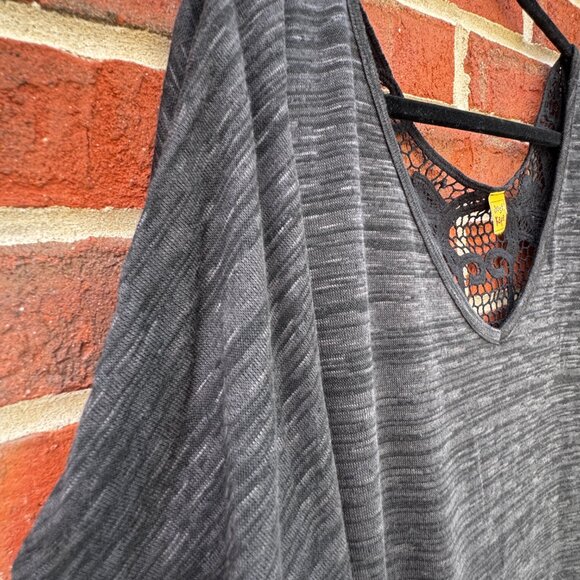 Just Kate Boho Top Large Black Heather Gray Crochet Back Loose Fit Festival - Picture 3 of 8